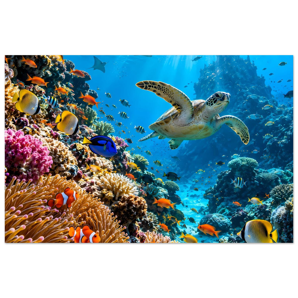 Meerposter mit grüner Schildkröte, bunten Fischen und Korallenriff