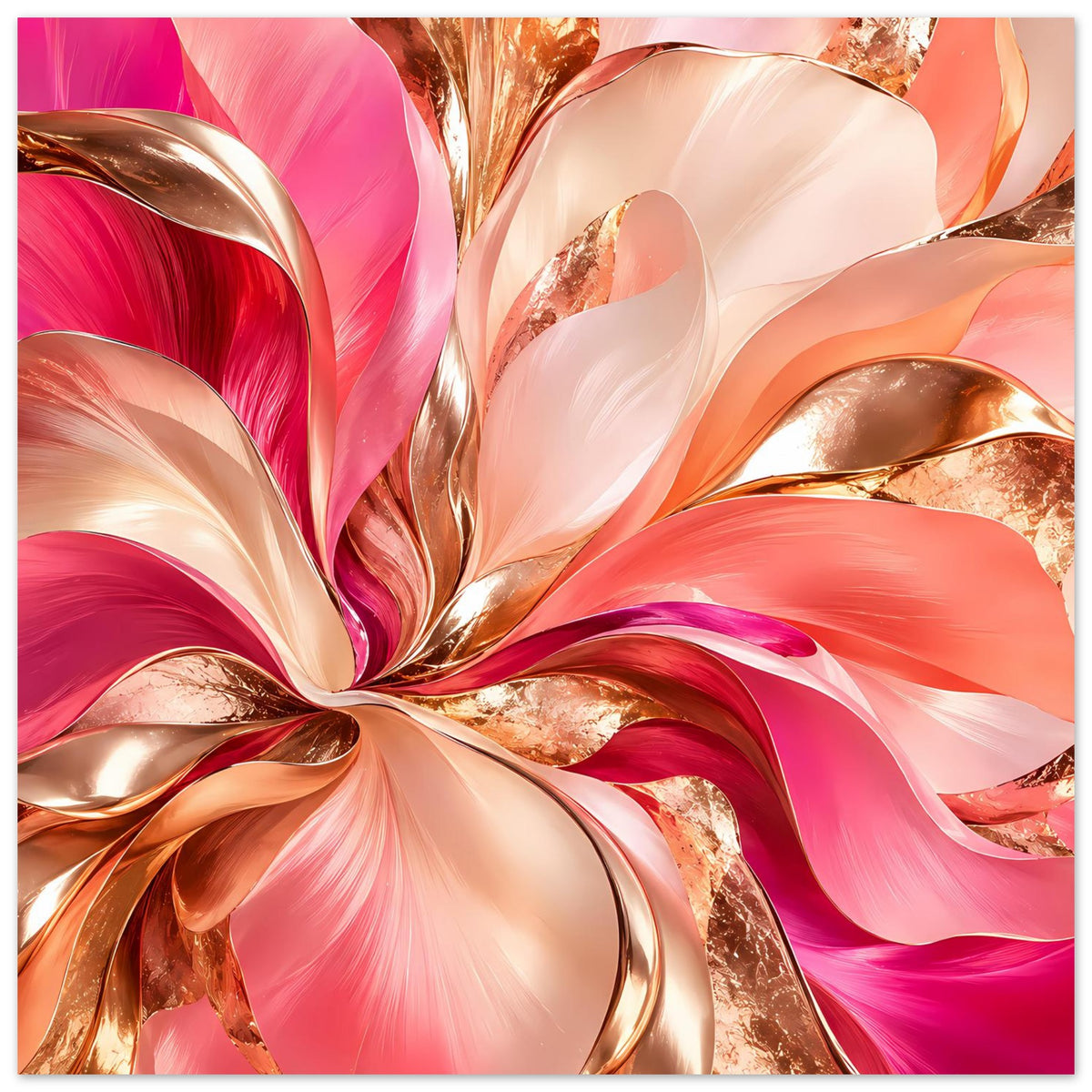 Abstraktes Blumenposter im Querformat mit rosa, cremefarbenen und goldenen Wirbeln