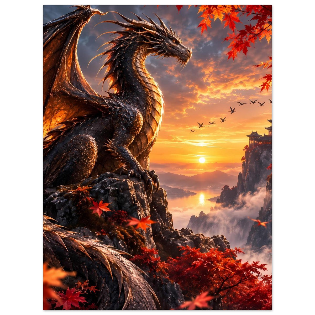 Drachenmotiv-Poster: dunkler Drache auf Felsen, rote Blätter, Sonne über asiatischem Tempel