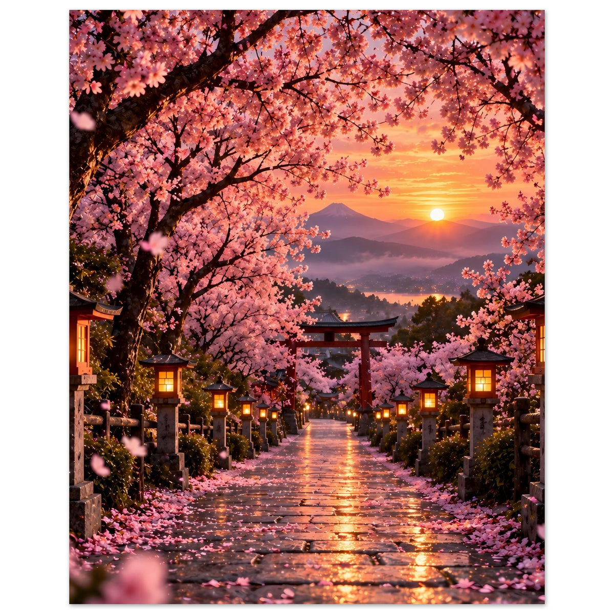 Sakura-Kirschblütenweg Poster mit Torii-Tor, Sonnenball tief am Himmel, pinke Blütenzweige