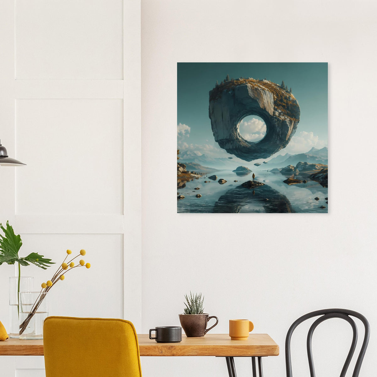 Surreales Poster mit schwebendem Felsring, rundem Loch und blauem Wasser im Hintergrund