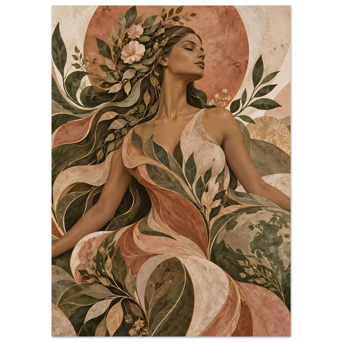 Kunstposter mit Porträt einer Frau im Profil, beiger Hintergrund, Blumenkranz und Blattmotive