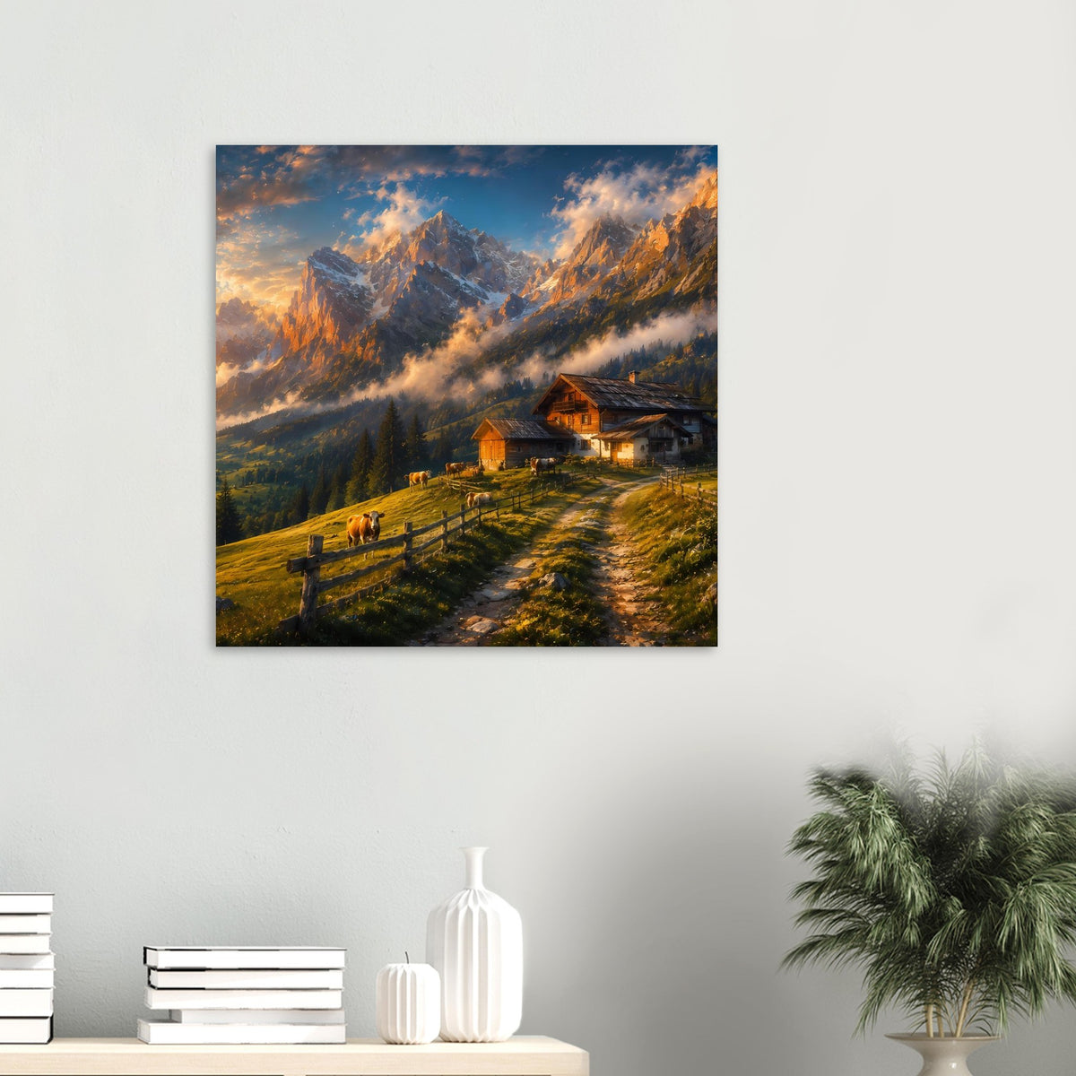 Poster mit Almhütte auf Bergwiese, Weg und schneebedeckten Alpen im Abendhimmel