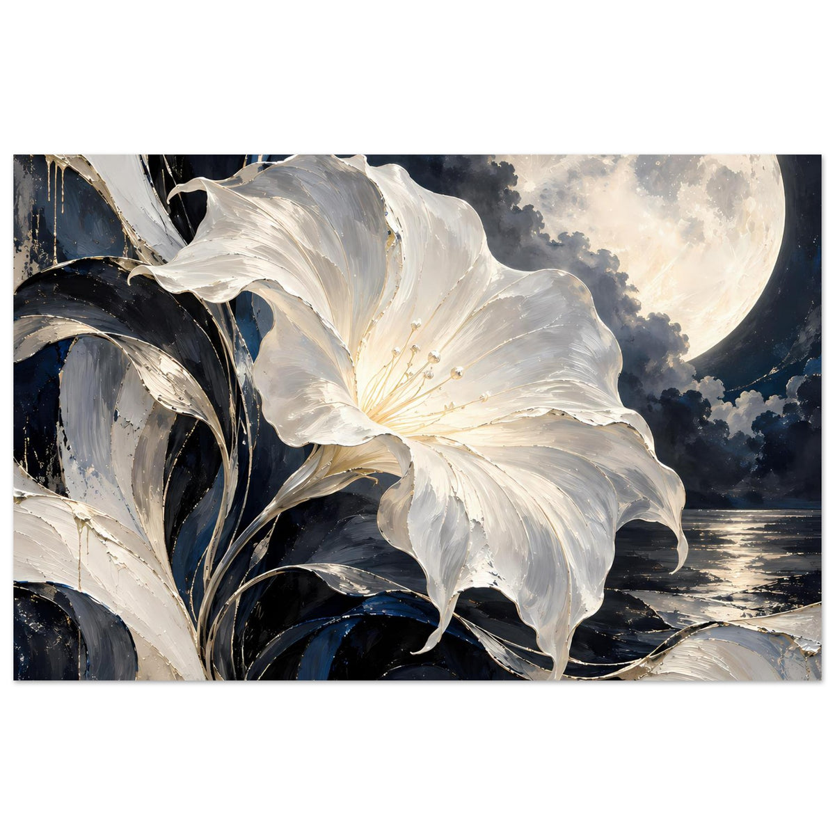 Blumenposter mit weißer Blüte, dunklen Blättern und hellem Mond über See