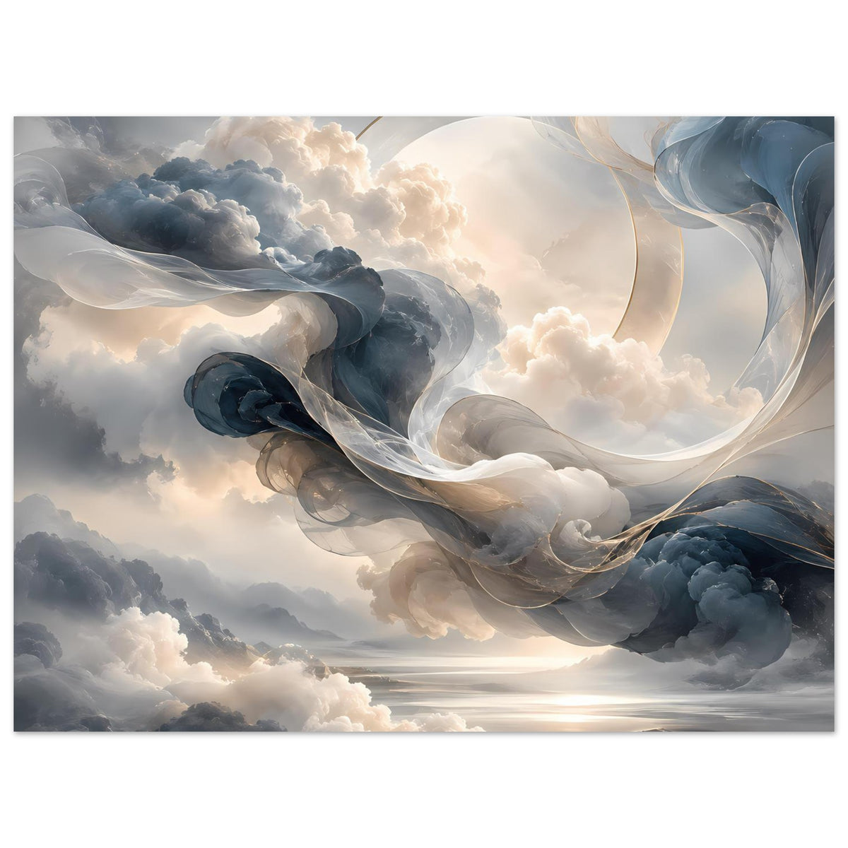 Abstraktes Himmelsposter mit Wolken und sanften Spiralen, Blau-Grau, Querformat