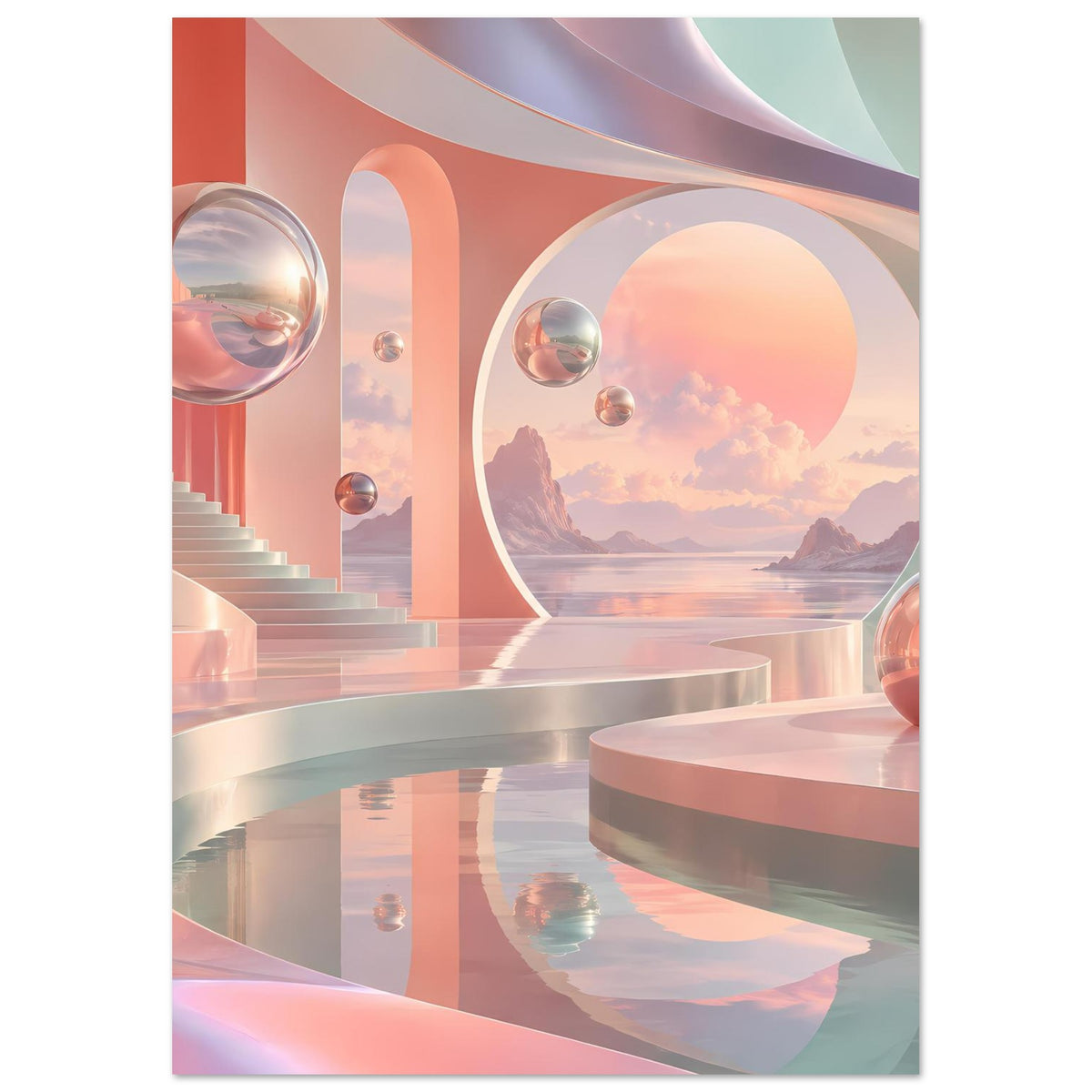Vertikales Poster mit surreales Pastell-Landschaftsmotiv, Glaskugeln, Bögen und spiegelndem Wasser