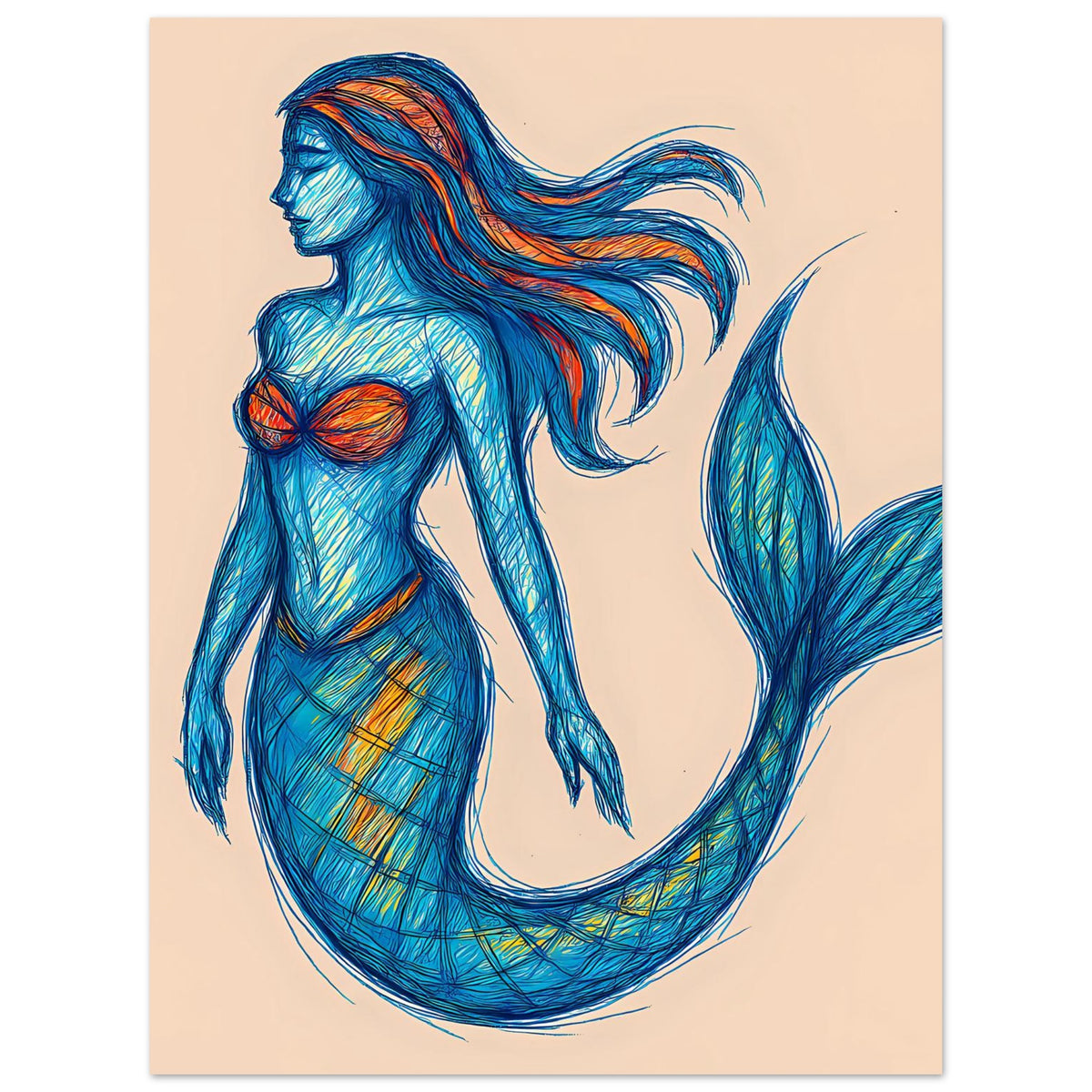 Kunstdruck-Poster mit Meerjungfrau-Figur, blauem Haar und fischschuppenartigem Schwanz