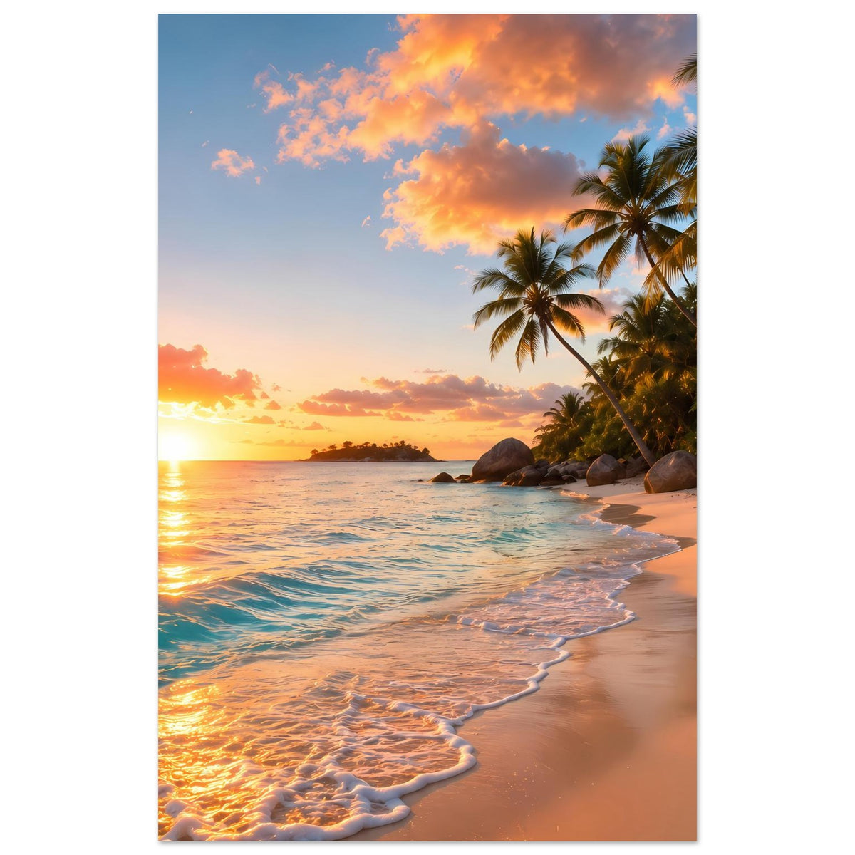 Tropisches Strand-Sonnenuntergangs-Poster mit Palmen, Meer und Sandstrand auf hellem Rand