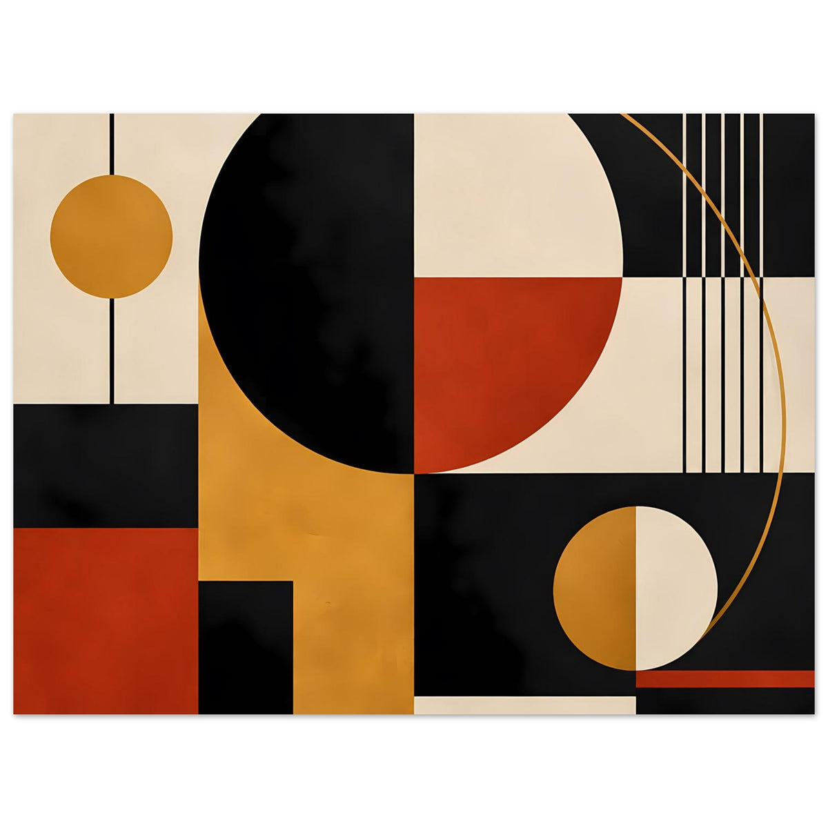 Geometrischer Kunstdruck mit Kreis im Vordergrund, Liniengitter rechts und runder Kugel links