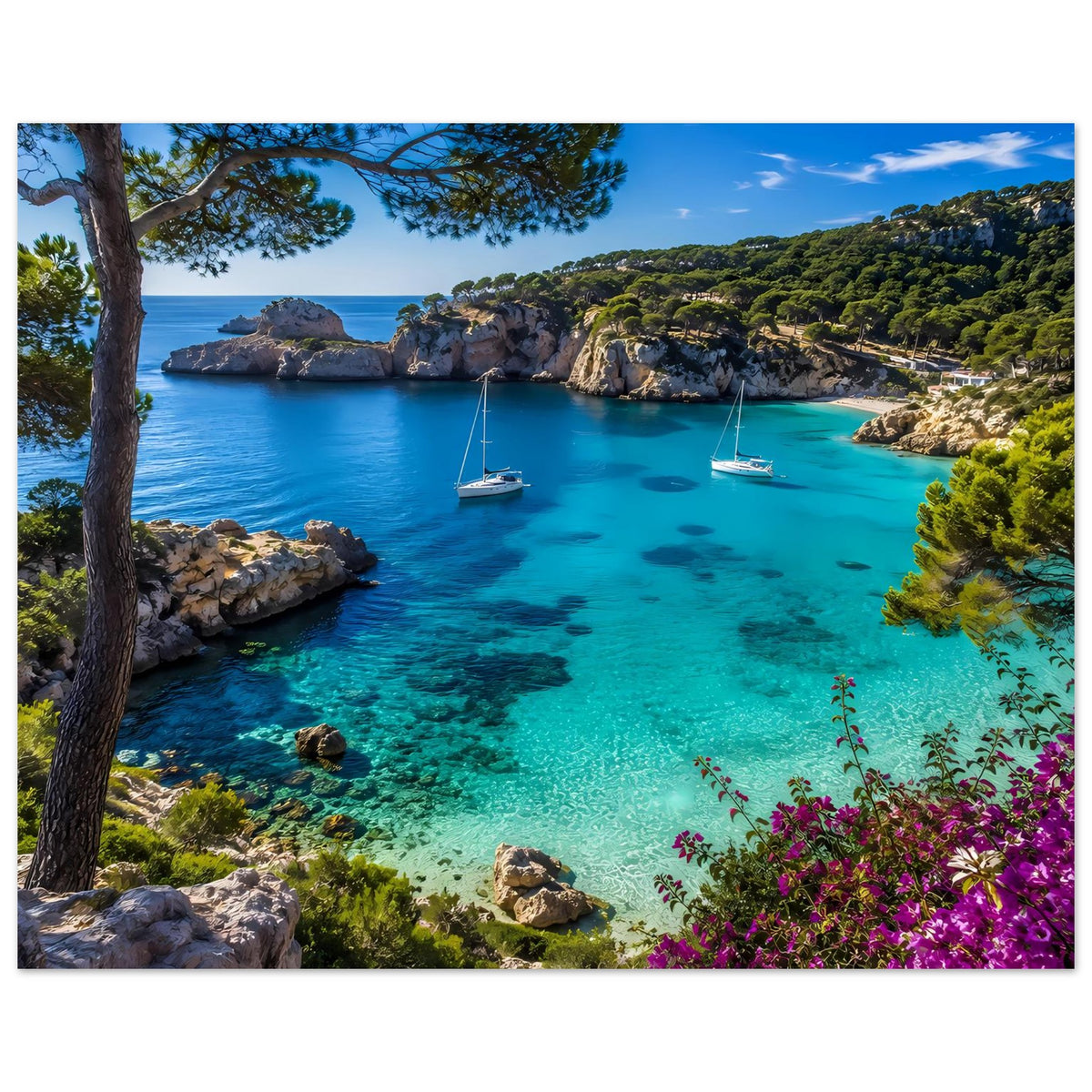 Küstenposter: türkisblaues Wasser, zwei Segelboote, Felsbucht, Pinienkrone und pinke Blüten.