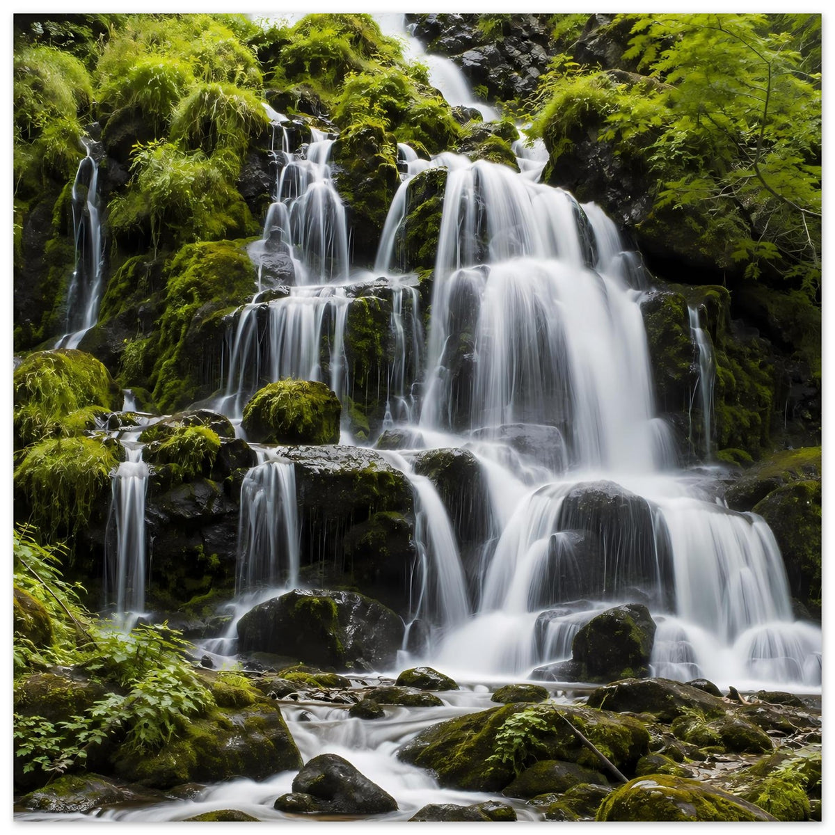 Wasserfall-Poster mit stufigen Wasserfällen und dichtem grünem Moos, vertikal
