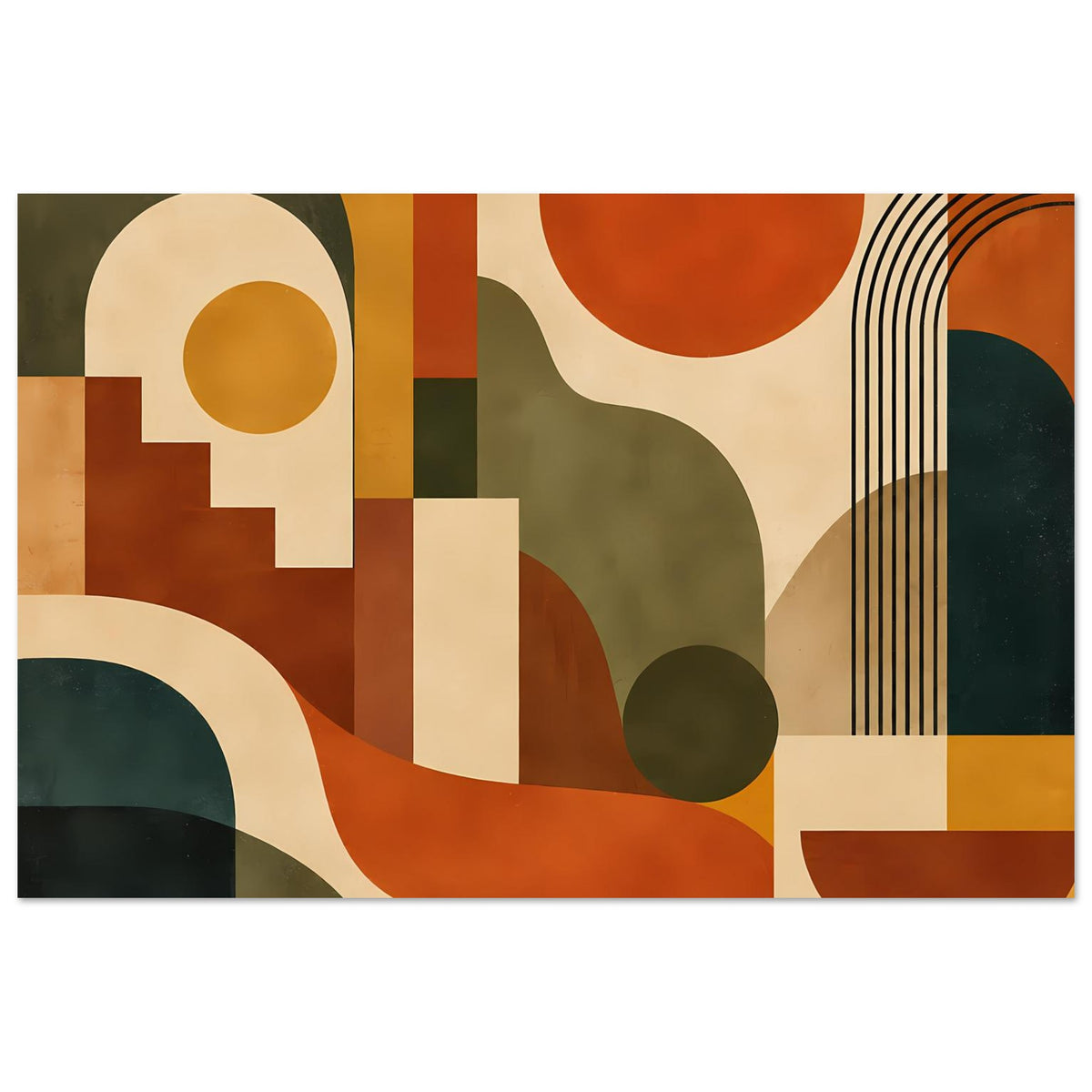 Abstrakter Poster: geometrische Flächen mit großen Kreisen, geschwungenen Formen und Streifen rechts