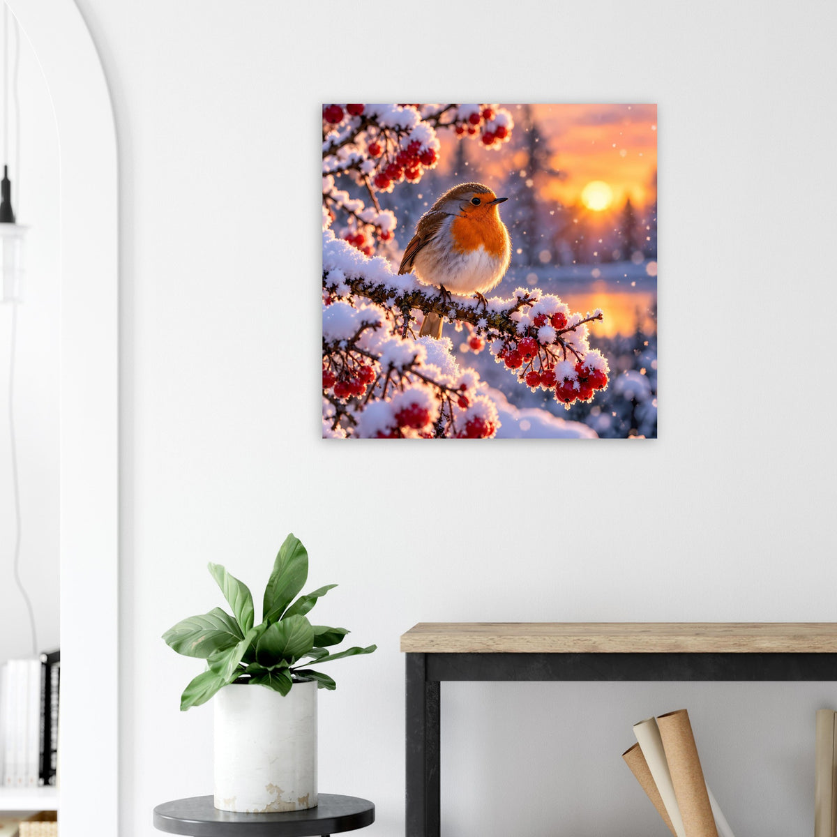 Quadratisches Poster mit Rotkehlchen auf Blütenzweigen und warmem Abendlicht.
