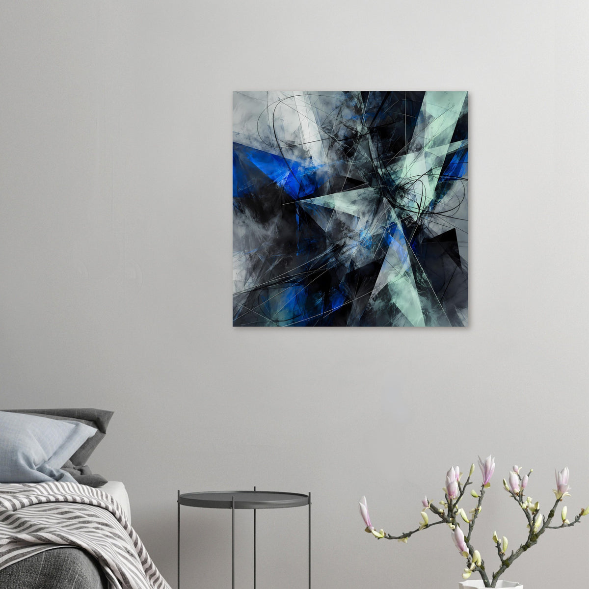Kleines, quadratisches abstraktes Poster, Blau-, Türkis- und Grautöne
