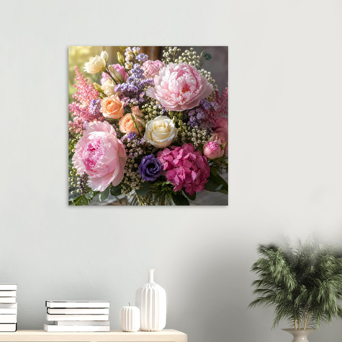 Quadratisches Blumenposter mit Pastell-Pfingstrosen und Hortensien im Vintage-Blumenstrauß