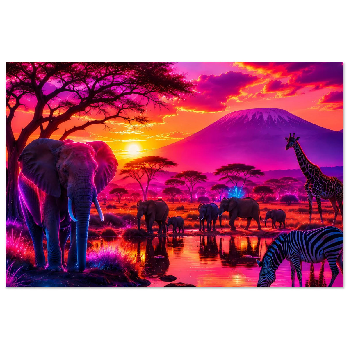 Wildlife-Poster mit Elefanten, Giraffe und Zebra vor orange-lila Sonnenuntergangsszene