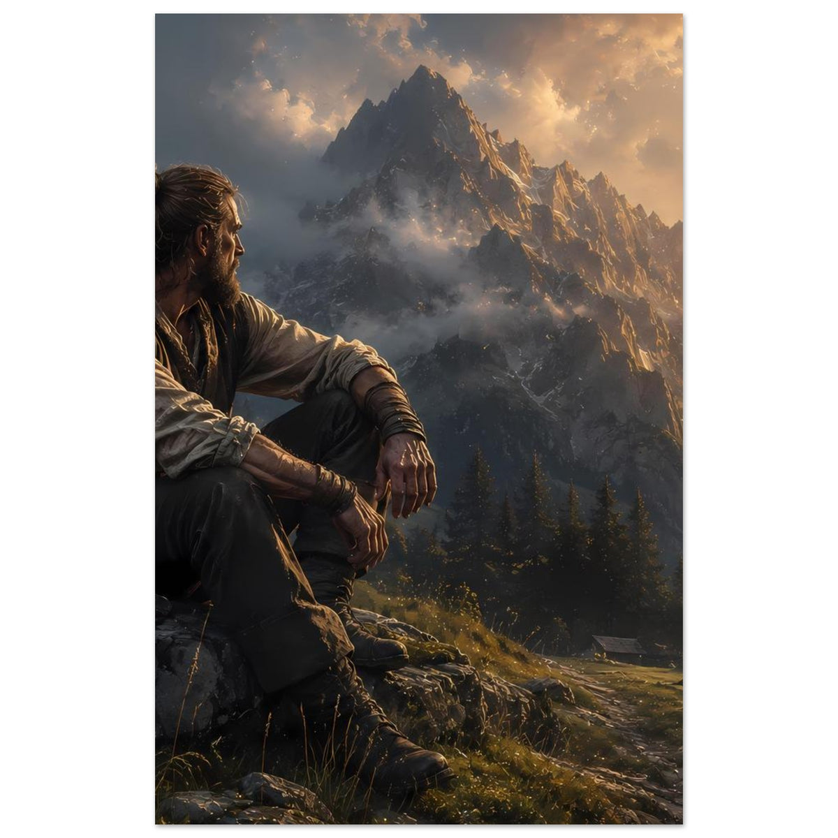 Hochkant-Poster mit sitzendem Mann, Bergmassiv und warmem Himmel über Fichten