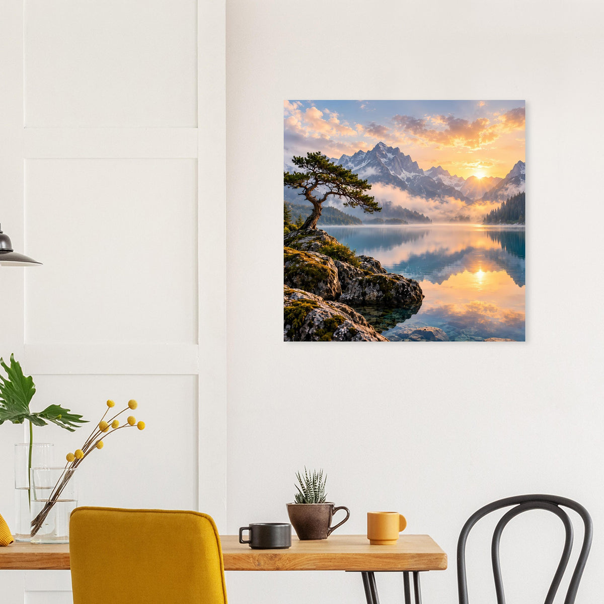 Wandposter mit Sonnenaufgang, Berge in der Ferne und Spiegelung im See