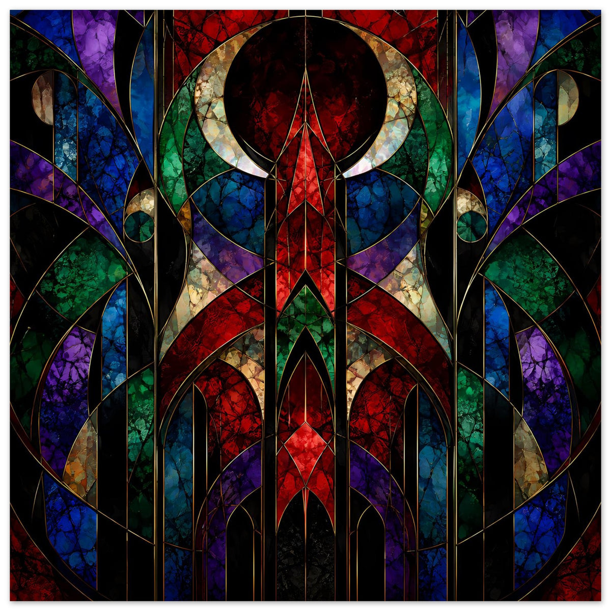Art-déco-Poster mit geometrischem Buntglas-Mosaik in Rot, Blau, Grün und Violett