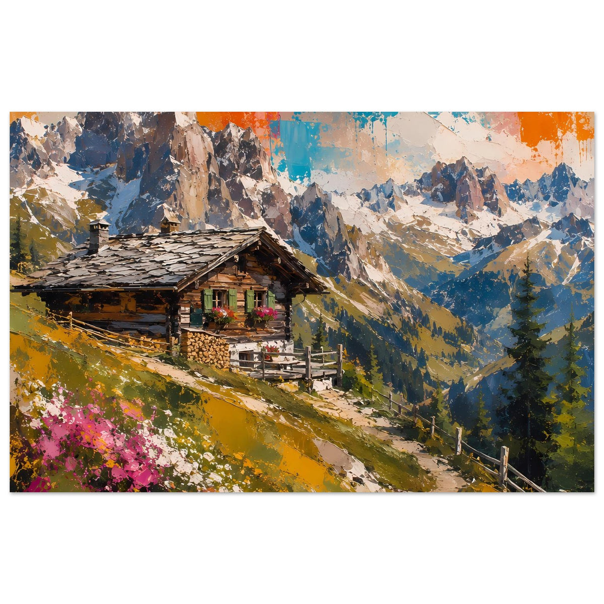 Horizontales Poster: rustikale Holzalmhütte mit buntem Blumenhang und Bergpanorama