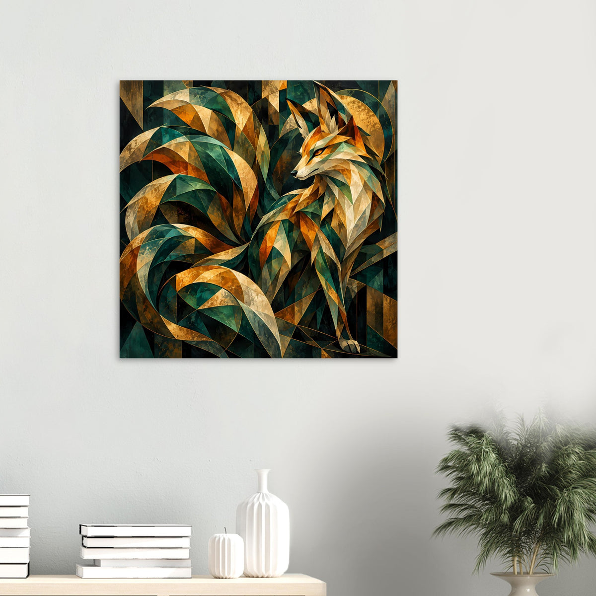 Quadratisches Kunstposter mit Fuchs in Prismenoptik, Smaragdgrün und Gold, abstrakte Wirbel