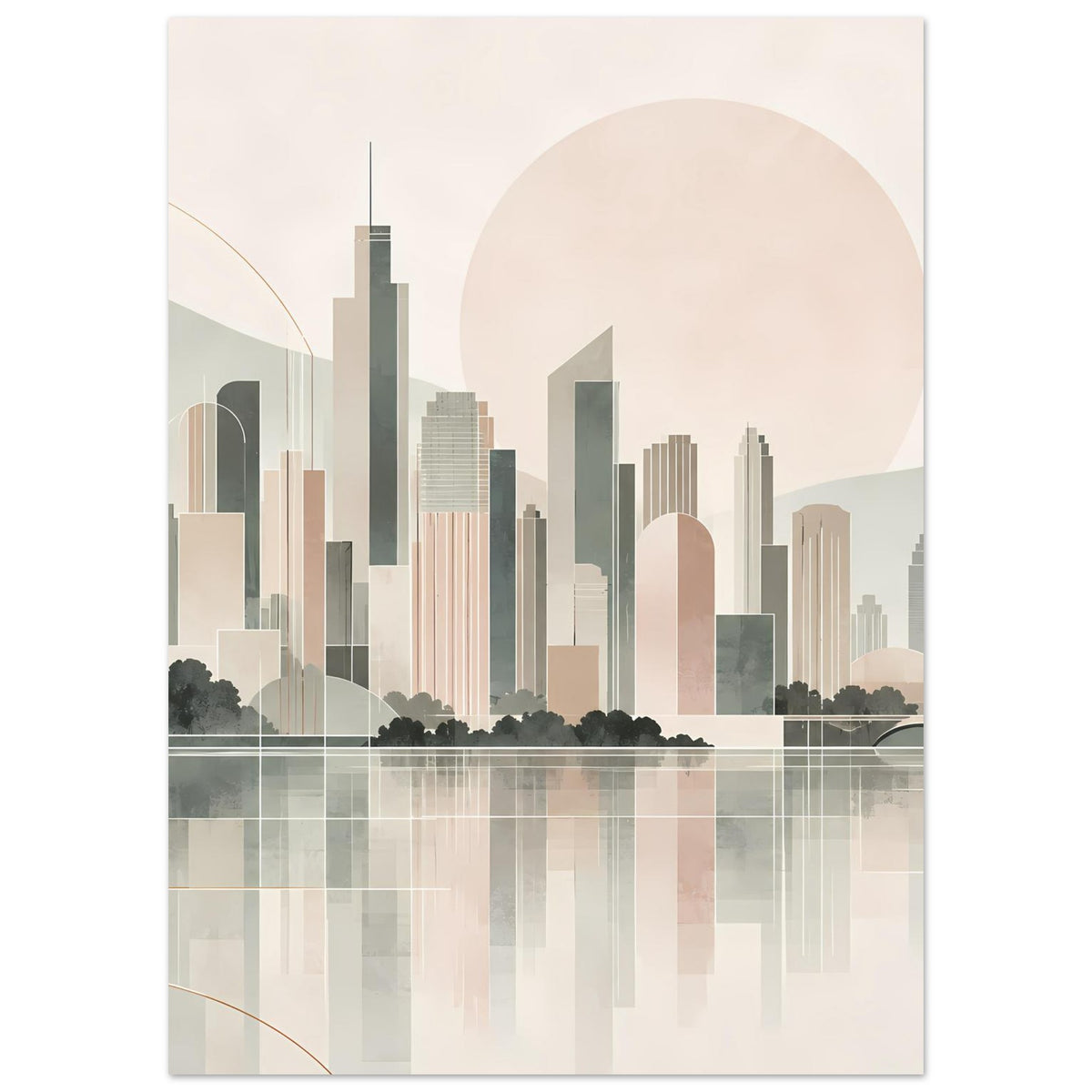 Stadtposter im Hochformat: moderne Skyline mit Wasserreflexion, große Sonnenscheibe