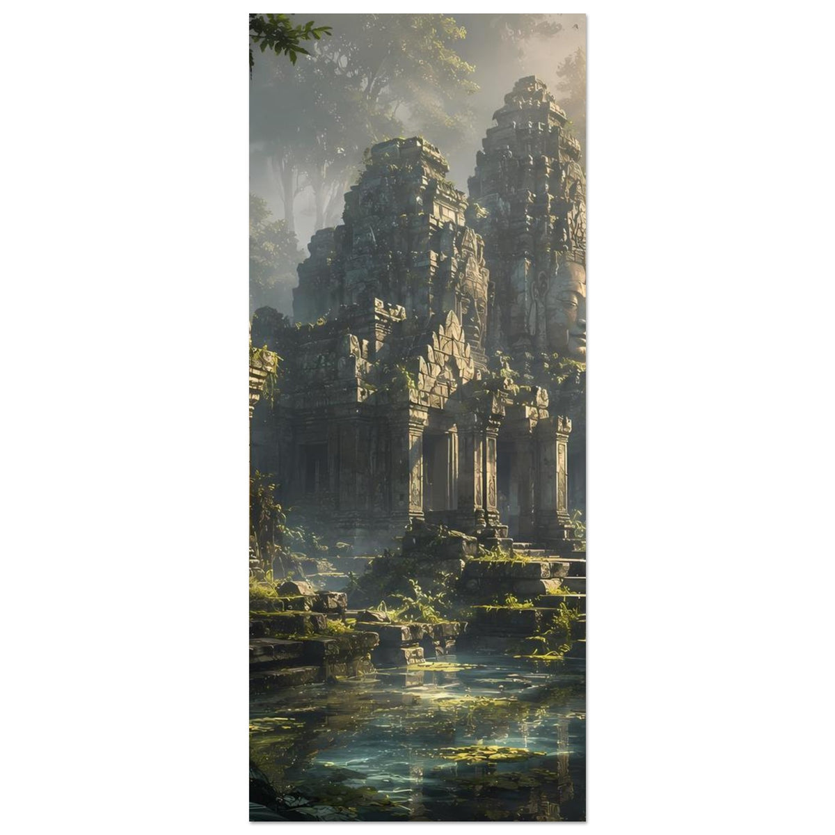 Poster im Hochformat: hohe Tempelruinen, Säulenreihe und reflektierendes Wasser