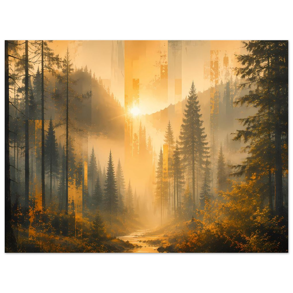 Wald-Poster im Querformat mit warmem Licht: dichte Baumreihen und Nebel im Tal