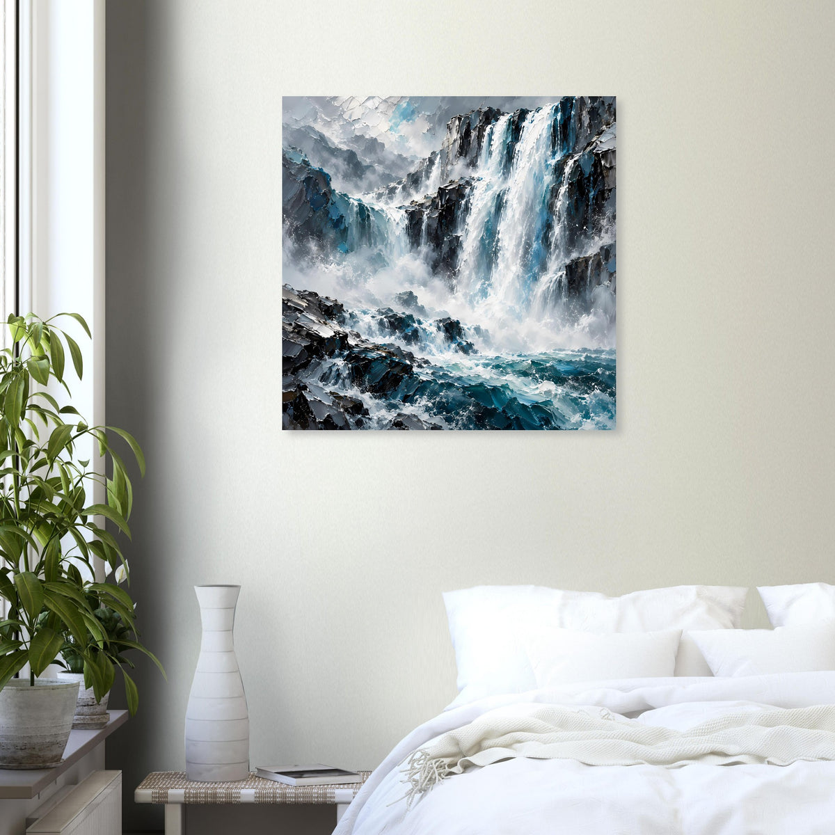 Gerahmtes Wandposter mit Wasserfall und Küstenlinie, überwiegend in Blau und Grau