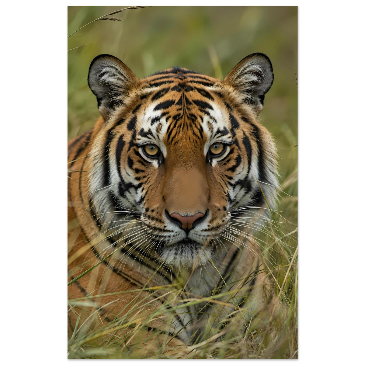 Wildtierposter eines Tigers im Gras, frontal zentriert, ruhiger intensiver Blick