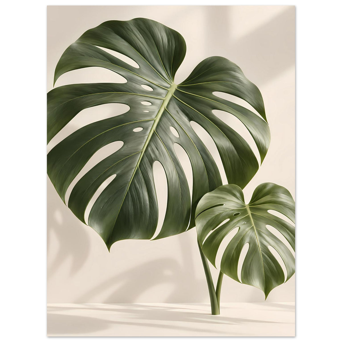 Botanisches Poster mit Monstera-Blättern, großes Blatt oben links, kleineres rechts
