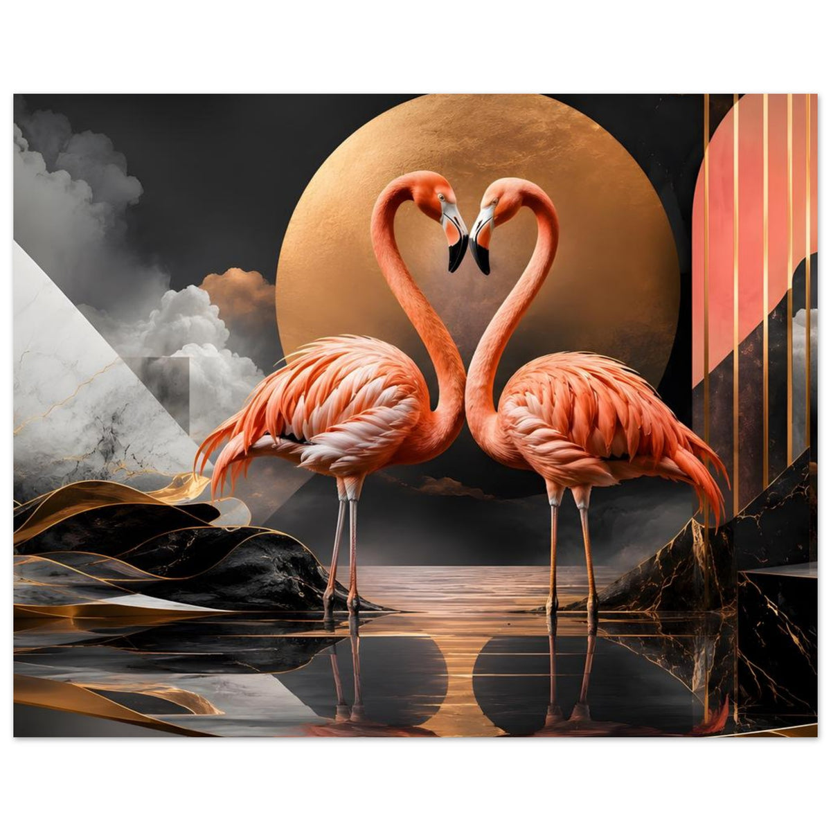 Kunstposter mit zwei Flamingos in Herzform, golden umrandeter Kreis und orangefarbene Streifen