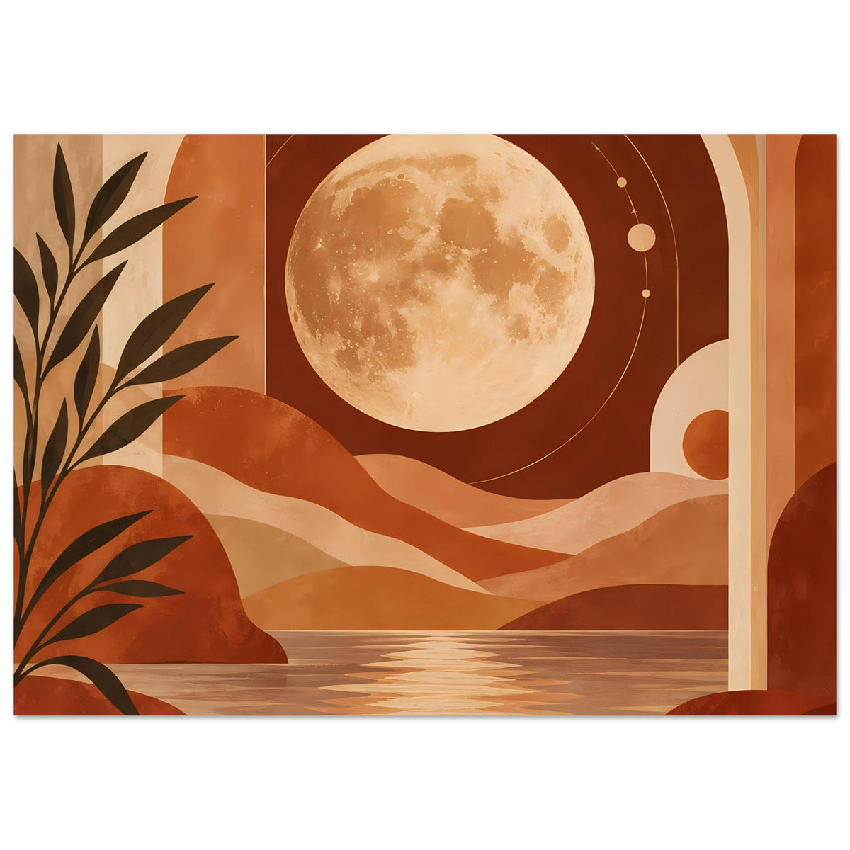 Boho-Poster: Vollmond über Wüste, geschwungene Ornamente, Sandreflexe, Palmen und Säulen