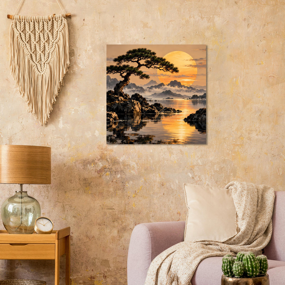Landschaftsposter mit Baum auf Felsen am Wasser und orangefarbenem Sonnenuntergang