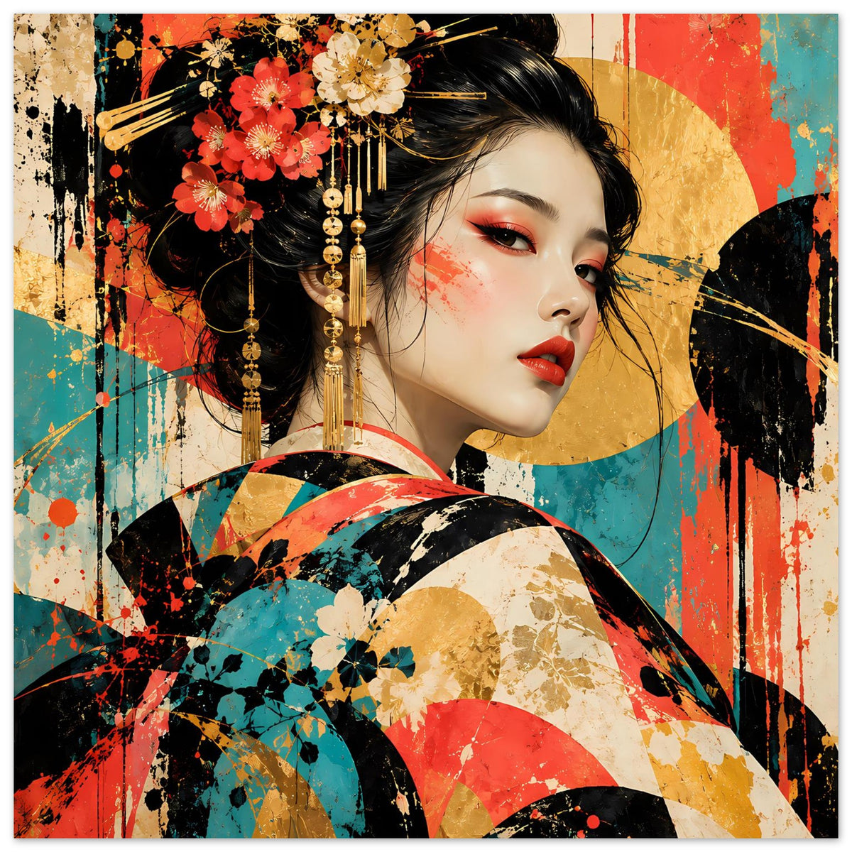 Kunstdruck Geisha mit rotem Lippenstift, goldener Haarzier und farbigem Regenschirm
