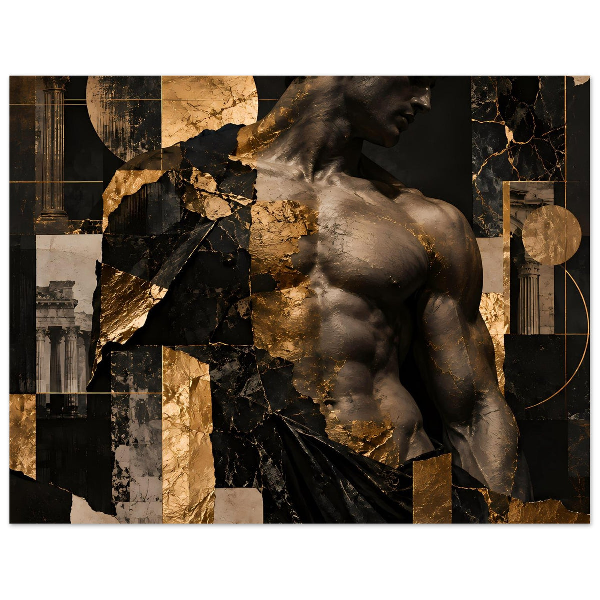 Kunstposter mit Statue und geometrischen Mosaikfeldern in Schwarz und Gold