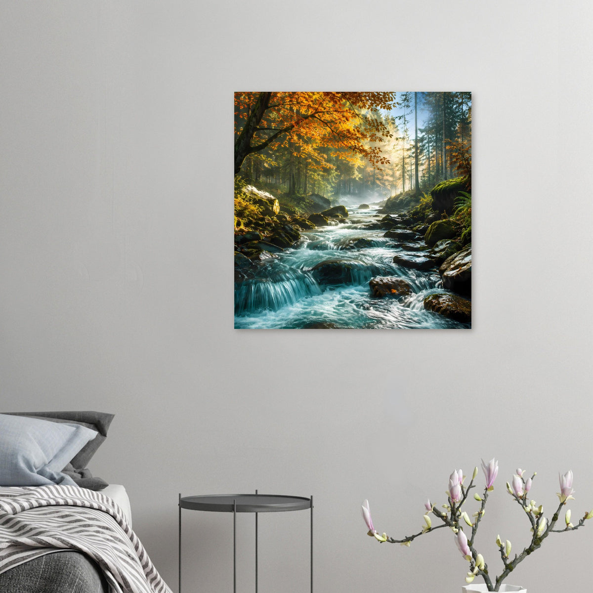 Kleines Poster mit Waldfluss und Wasserfall im Nadelwald, rechteckig