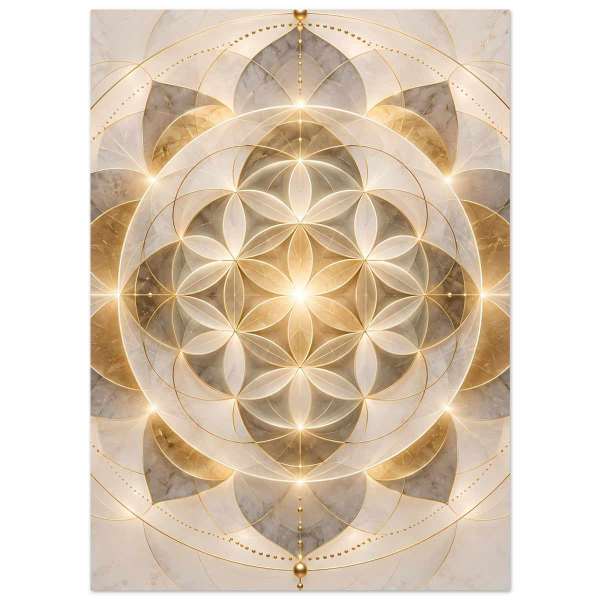 Poster mit goldenem Mandala-Ornament, zentriertem Blütenkreis und feinen Linien