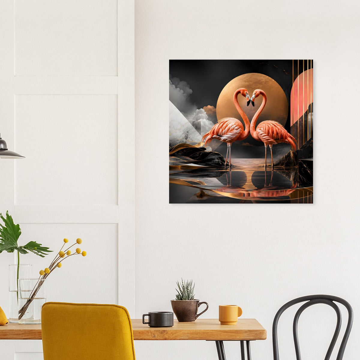 Flamingo-Kunstposter: zwei Flamingos vor schwarzem Hintergrund, goldene Kreisfläche