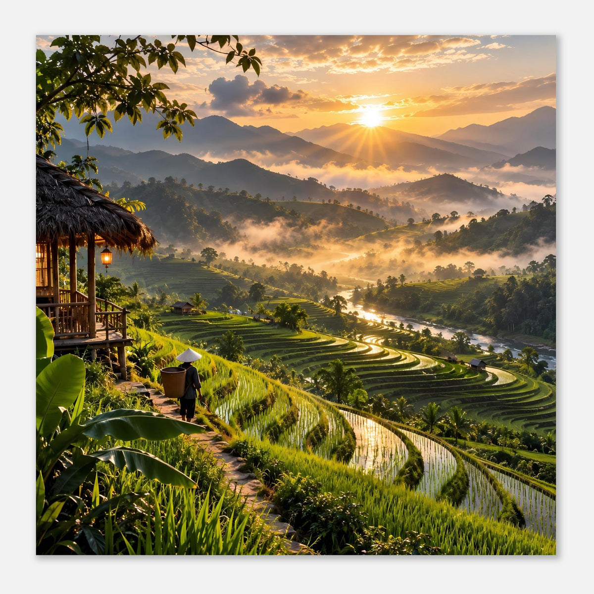 Poster: Sonnenaufgang über Terrassenfeldern, Pfad mit Geländer, Palmen und Nebel im Tal
