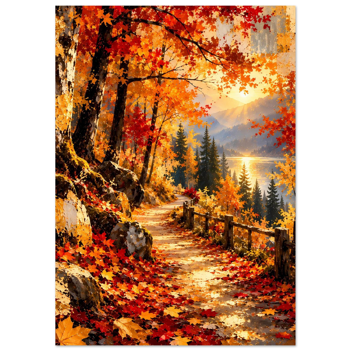 Herbst-Wanderweg-Poster im Hochformat: Pfad durch den Wald mit Zaun, orange-rote Blätter und Sonne.