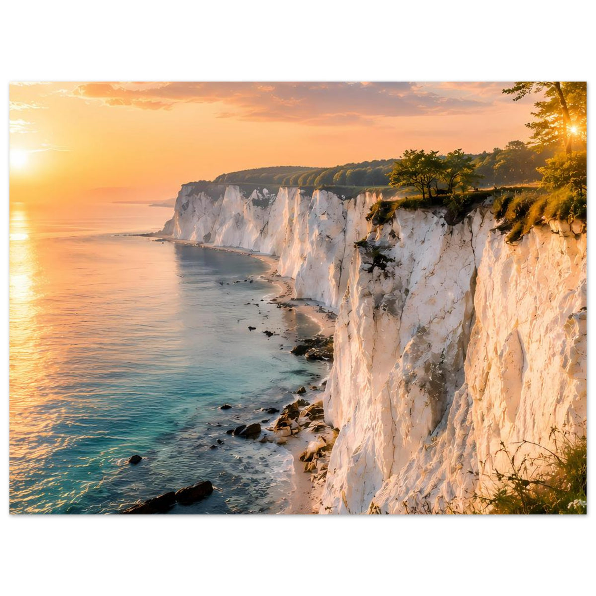 Poster im Hochformat: Küstenlinie mit Steilküste, Wellen am Ufer und warmem Himmel