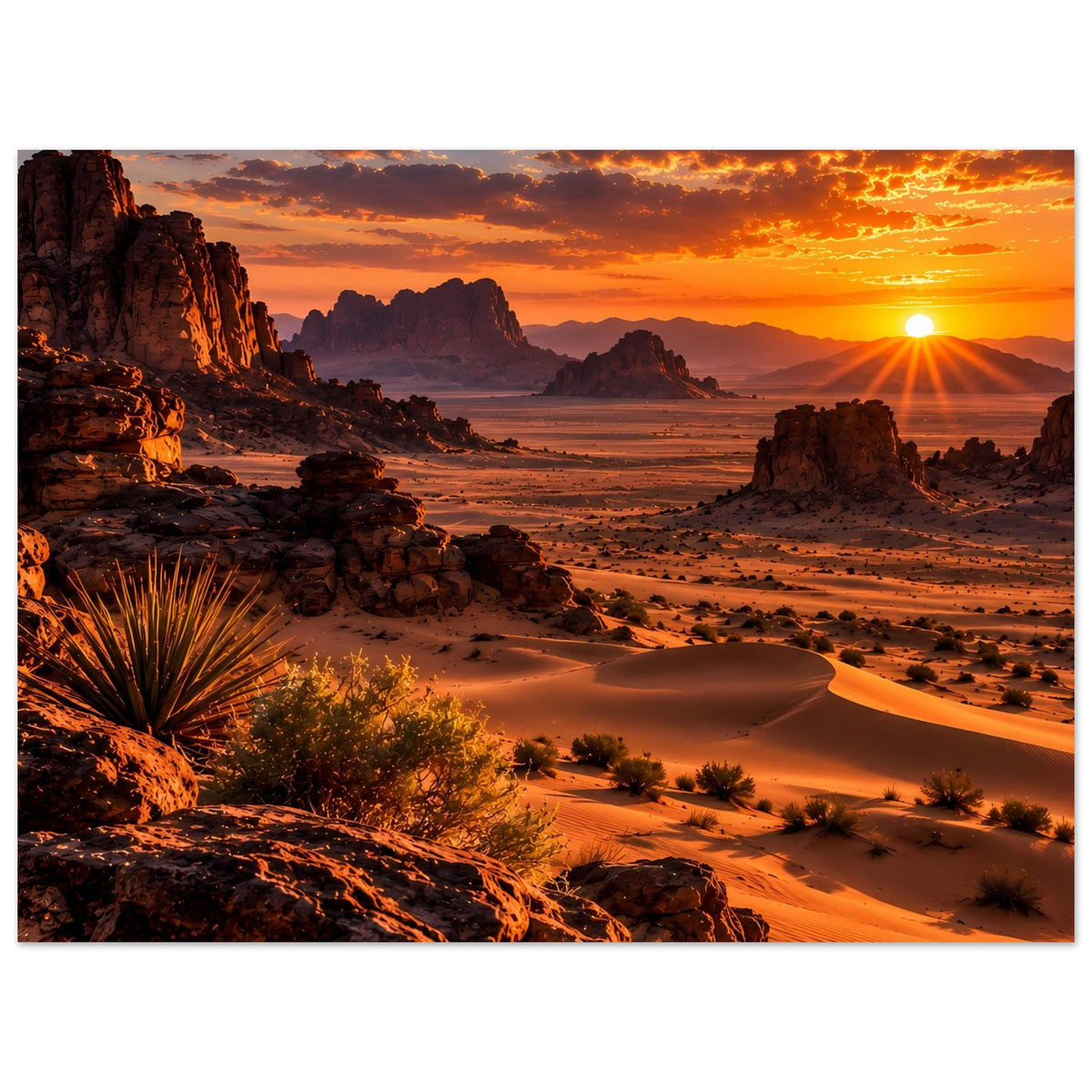 Poster mit Wüstenlandschaft bei Sonnenuntergang: goldene Dünen, Felsen und Sonnenstrahlen