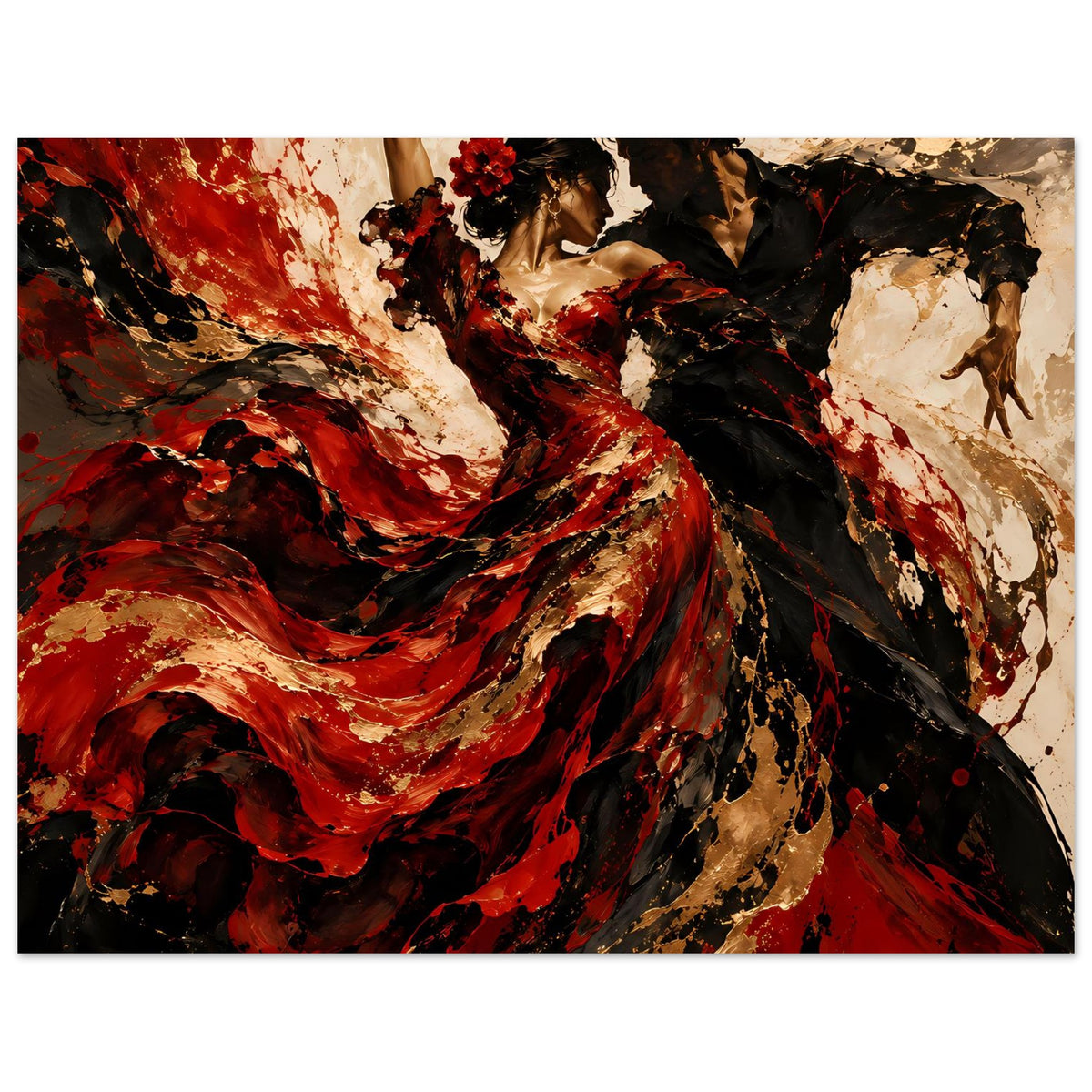 Vertikales Poster mit Flamenco-Tänzerinnen, roter Rock, schwarze Schatten, goldene Farbakzente
