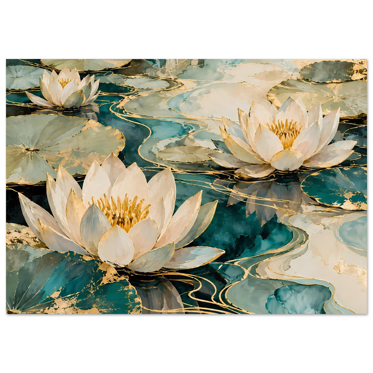 Lotusblüten-Poster im Querformat mit drei weißen Seerosen, türkisblau und goldfarben