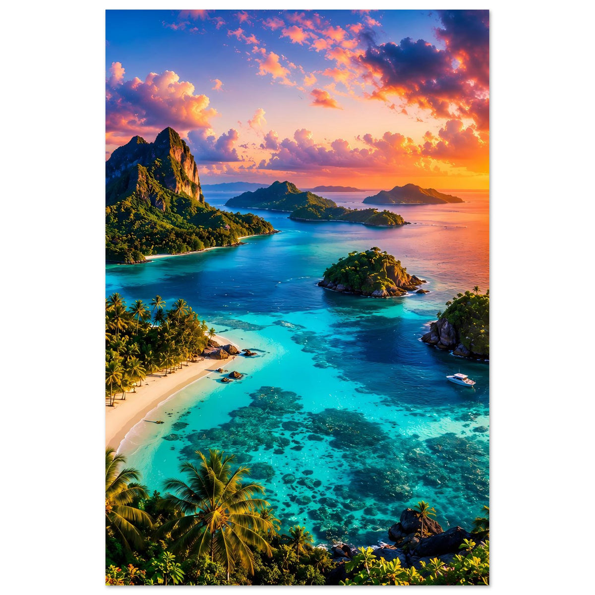 Vertikales Poster mit türkisblauem Meer, Inseln, Sandbucht und orangefarbenem Sonnenuntergang