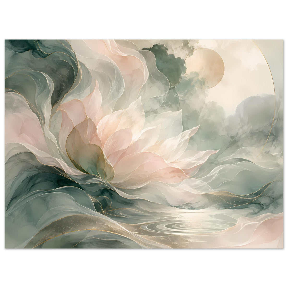 Florales Kunstposter im Querformat mit Pastellblüten, Petrolwellen und goldener Rundlinie oben