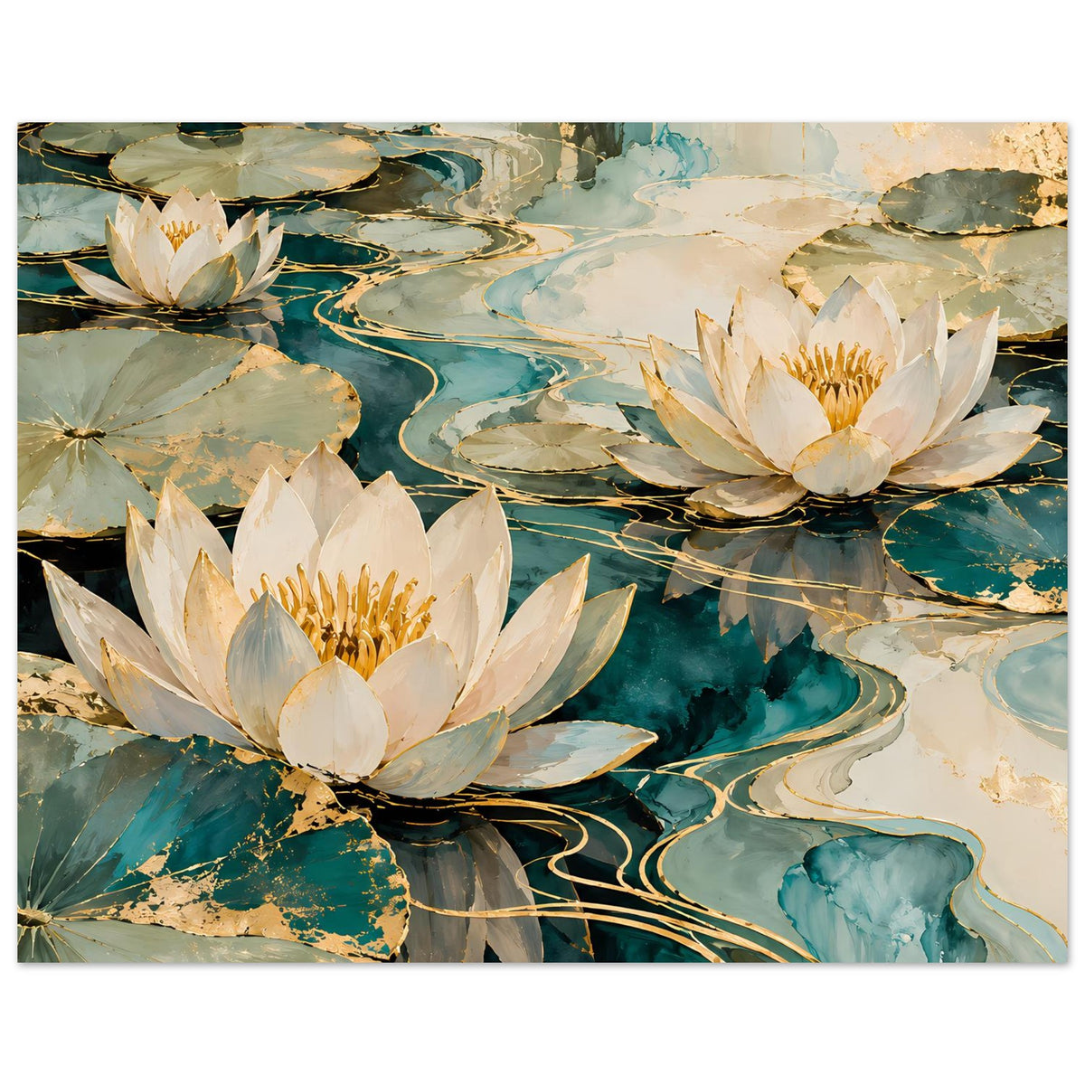 Lotusblüten-Poster: drei weiße Seerosen, türkisblaues Wasser und beige-goldene Flächen