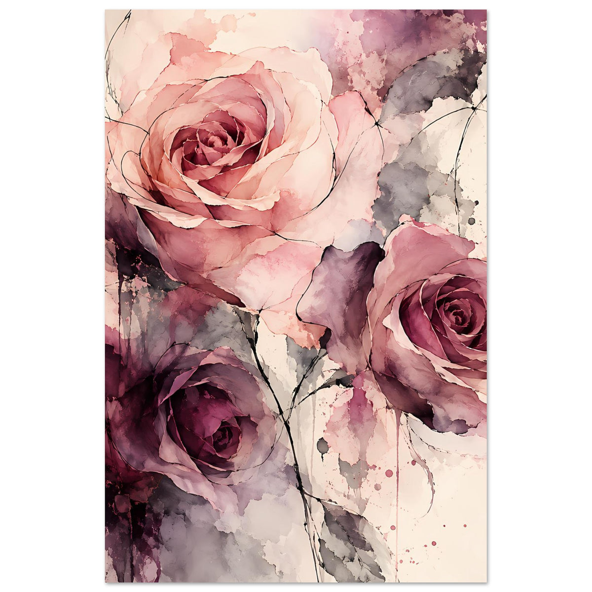 Vertikales Poster mit Aquarell-Rosen: drei Blumen in Rosa- und Violetttönen