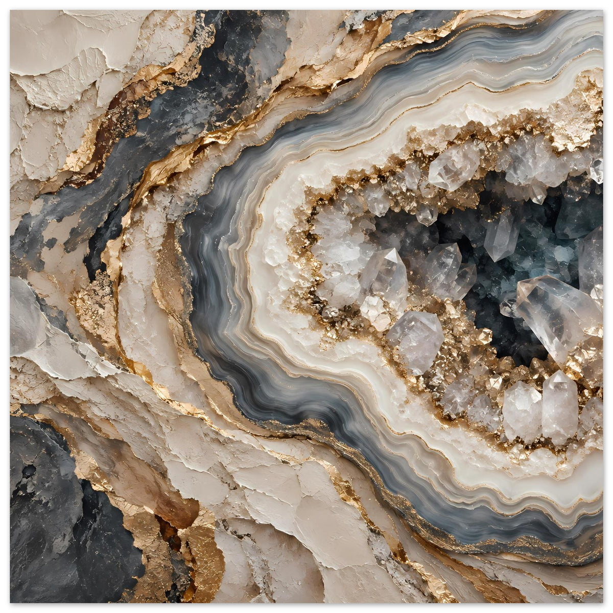 Geoden-Poster im Querformat mit geodeartigem Muster aus Creme, Grau und Goldglanz